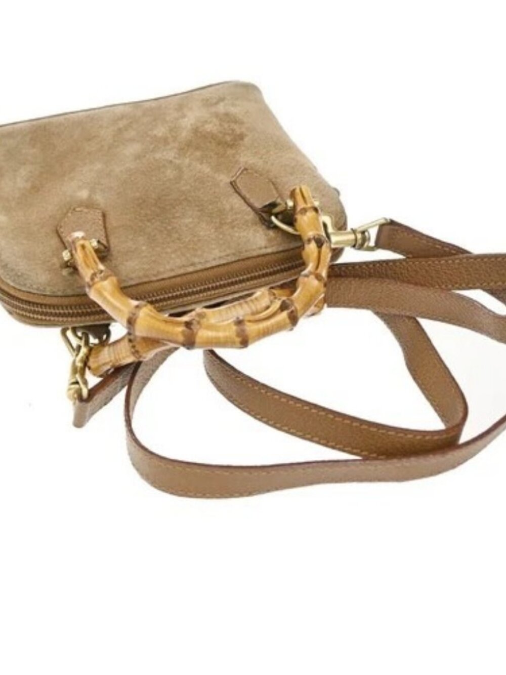 GUCCI Logo Bamboo 2Way Mini Shoulder Hand Bag Suede Leather Brown GHW 62EG353 - Picture 5 of 15